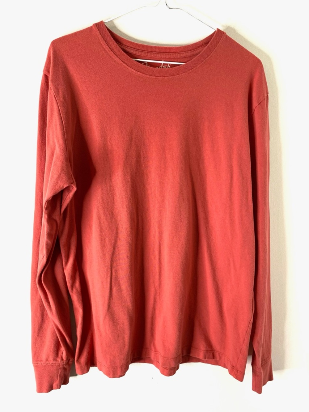 Lucky Brand Fender Red Long Sleeve Crew Neck Tee Strat Logo Back Graphic Sleeve